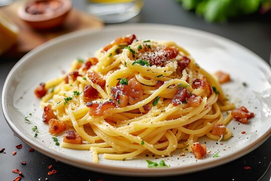 An aromatic dish of perfectly al dente spaghetti topped with crispy bacon, grated parmesan cheese, and a rich pasta pomodoro sauce, embodying the essence of italian cuisine and the comfort of a warm 