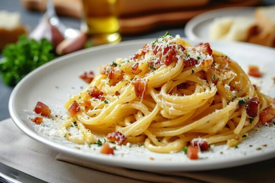An indulgent italian feast awaits as a plate of al dente spaghetti with crispy bacon and rich parmesan cheese takes center stage, surrounded by a spread of flavorful pasta dishes and savory fried noo
