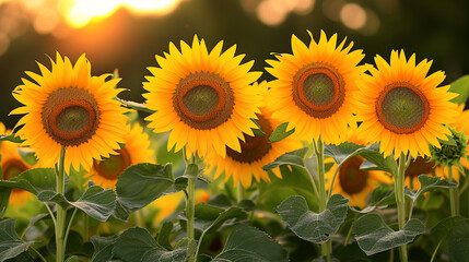 Beautiful blooming sunflowers on a field close up. Natural background.