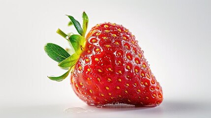 Close up of juicy strawberry with dew on it. White background with clipping path. A glistening, dew-kissed strawberry, inviting you to take a bite.