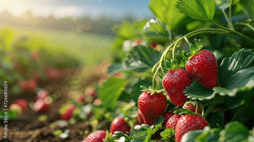 Wall mural Strawberries on a strawberry plant on a strawberry plantation. Close-up. A close-up of succulent strawberries, reminding us of the simple pleasures in life.