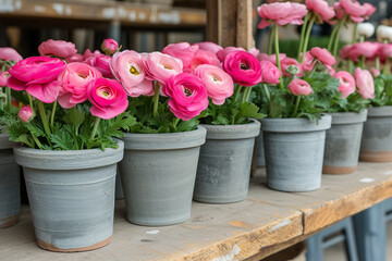 Gray pots with fresh pink ranunculus in a flower shop.