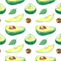 Avocado watercolor seamless pattern hand pointed in botanical style. Isolated illustration for design menu, wallpaper, scrapbook paper, packaging paper, textiles, invitation