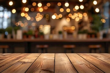 A rustic wooden table glows under the warm ceiling lights, creating a cozy and inviting atmosphere for a night of intimate conversations and shared meals with loved ones - obrazy, fototapety, plakaty