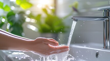 Woman washing hands under water tap, Liquid antibacterial soap and foam, Close up of female hand, Self care and hygiene, Infection prevention, generative ai