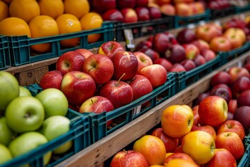 Vibrant and nutritious apples fill the shelves of the local greengrocer's market, offering a variety of natural, whole food options for vegans and vegetarians seeking staple diet foods like the super