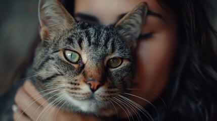 Closeup portrait of a young woman with a cat in her arms
