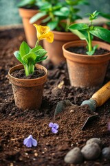 A leafy houseplant thrives in its outdoor garden pot, surrounded by rich earth and a pair of well-worn shovels