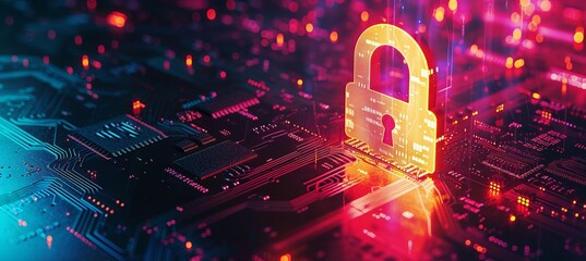 Interactive holographic security elements with lock icon on cpu and copy space for text placement