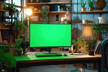 A vibrant indoor office space comes to life with the addition of a sleek computer desk, featuring a large display monitor and a touch of nature with a houseplant perched on a shelf, bringing a sense 