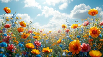 Colorful Flowers in Field Under Blue Sky