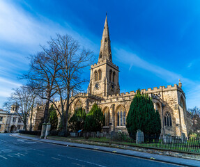 A view towards the Church of Saint Paul in Bedford, UK on a bright sunny day