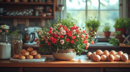 Abundant Flowers and Eggs on Wooden Table