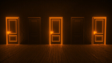 A row of orange neon closed doors