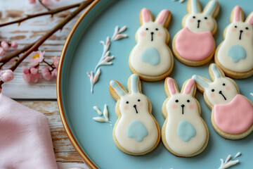 Easter bunny cookies with icing on a sky blue plate. Happy Easter concept. Top view.