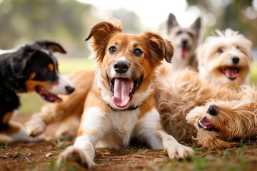 A playful pack of sporting group puppies enjoy the warm sun and lush grass with their loyal companions, showcasing their snouts and brown coats as true mammal marvels - obrazy, fototapety, plakaty