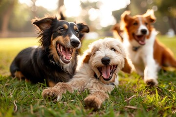 A pack of lively terriers bask in the warmth of the sun, their playful snouts nuzzled in the soft blades of grass, embodying the perfect picture of furry companionship and carefree outdoor bliss - obrazy, fototapety, plakaty
