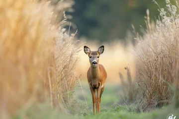 Tuinposter A graceful roe deer stands among the tall grass, blending in with the serene outdoor landscape while a curious fawn looks on, evoking a sense of tranquil wildlife in the heart of the field © Martin