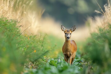 Fototapeta premium A majestic deer stands tall amidst a sea of lush grass, embodying the beauty and wildness of nature