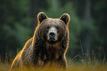 Obraz premium A majestic kodiak bear blends into the golden grass of its natural habitat, embodying the wild and untamed spirit of the great outdoors