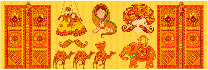 Culture of Rajasthan in Indian art style. Door drum camel  & Elephant in Rajasthan Style. Vector File. - obrazy, fototapety, plakaty