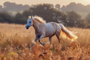 A majestic mustang mare gallops freely through a vast green field, her powerful brown body blending with the grass and sky as she stands tall and proud, her wild mane flowing in the wind