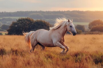A majestic mustang horse stands proudly in a field of green grass, its mane flowing in the breeze as it takes in the beauty of the outdoor sky - obrazy, fototapety, plakaty