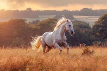 A majestic mustang horse stands proudly in a field of green grass, surrounded by the beauty of nature as the sun sets behind the trees - obrazy, fototapety, plakaty