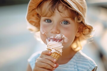 A young girl wearing a hat enjoys a sweet dairy treat while smiling with delight in the warm outdoor setting