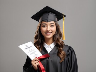 Happy student with graduation hat and diploma on grey Generative Ai