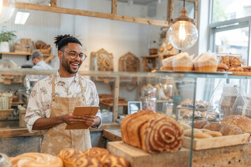 Fototapeta na wymiar Man standing in bakery holding a tablet