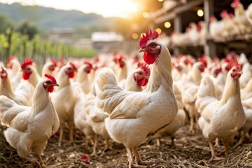 Fototapeta premium A colorful flock of gallinaceous birds, with their distinctive combs and beaks, stand proudly on the lush green grass of an outdoor farm, showcasing the beauty and liveliness of poultry in their natu