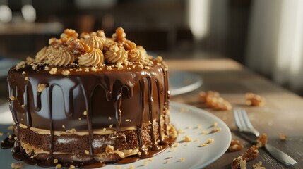 Fototapeta na wymiar Chocolate cake with nuts and caramel glaze on a wooden table