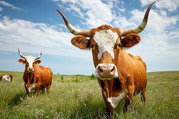 A serene scene of majestic bovines, peacefully grazing on the lush green grass of a vast pasture under the open sky, with the iconic texas longhorn standing tall among the herd