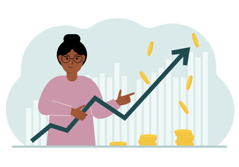 The woman is holding an arrow pointing up. The concept of growth in business, company promotion or business income growth.