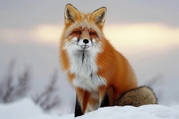 Fototapeta premium A fiery red fox stands strong in the snowy winter, surrounded by its fellow swift and kit foxes, as they brave the freezing temperatures in the wild