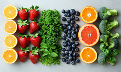 Knollng composition of various fresh fruits and vegetables. Top view