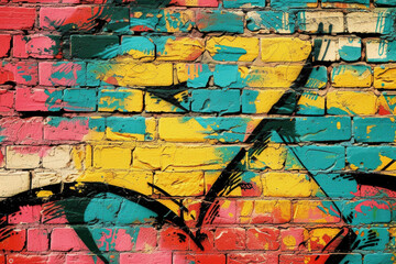 A graffiti-covered urban brick wall, showcasing vibrant street art and textures