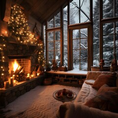 Christmas and New Year interior with fireplace and Christmas tree. Winter holiday concept.