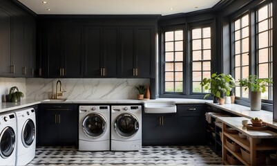  A laundry room with a traditional twist designed around the existing narrow windows
 - obrazy, fototapety, plakaty
