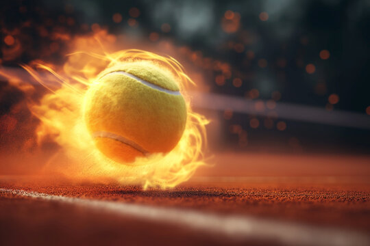 An abstract image of a green tennis ball shot at high speed with magical power of fire as a background and a beautiful design.
