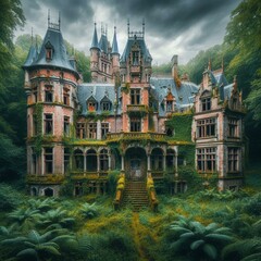 Obraz premium gorgeous abandoned medieval mansion in a fairytale forest
