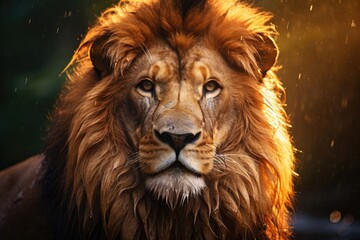 Morning Dew Adorned Majestic Lion Portrait in Nature's Embrace