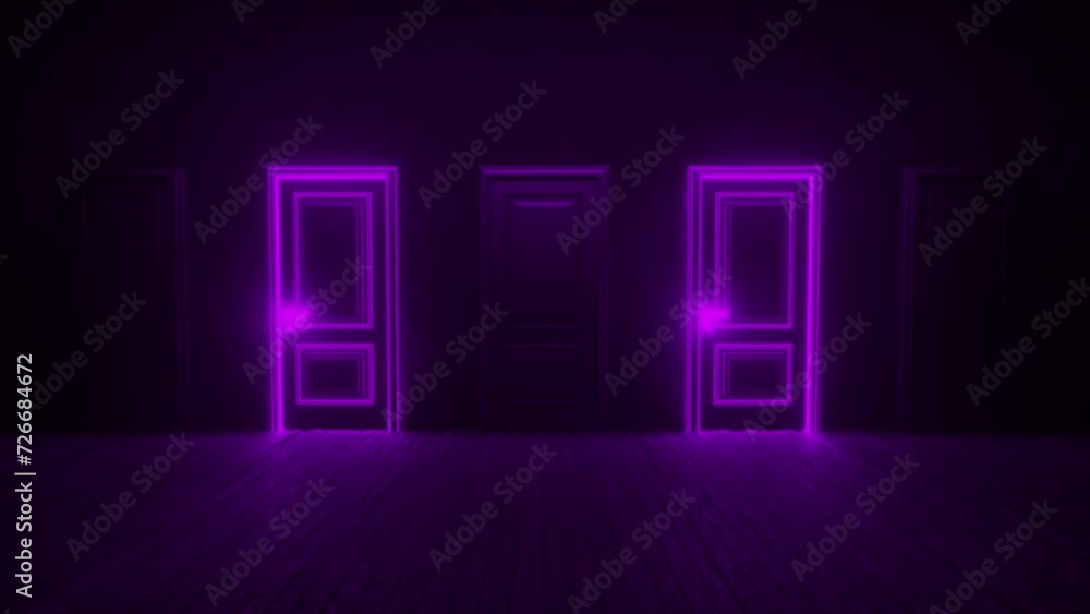 Aufkleber a row of purple neon closed doors randomly glowing in turn. pulsating flashing light. luminous lines