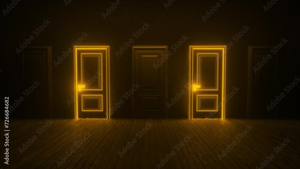 Poster a row of orange neon closed doors randomly glowing in turn. pulsating flashing light. luminous lines