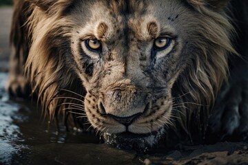Emotional Portrait: Close-Up of Lion's Face Drinking Water and Expressing Emotions