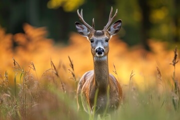 A majestic buck stands tall in a sea of green, its antlers gleaming in the sunlight as it surveys its natural kingdom of grass and wildlife