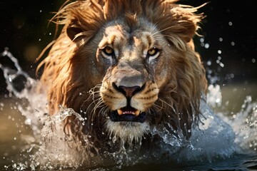 Natural Beauty in Motion: Lion Drinking with Water Jets and Reflection