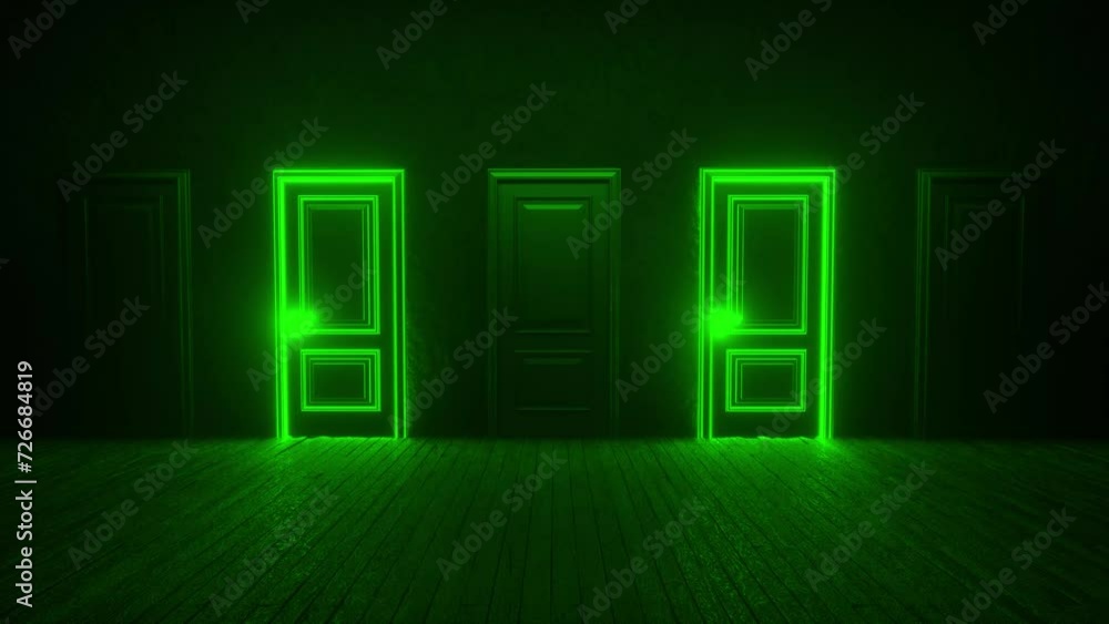 Poster a row of green neon closed doors randomly glowing in turn. pulsating flashing light. luminous lines.