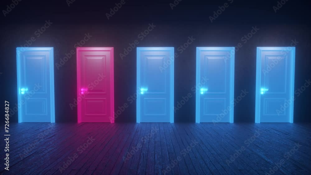 Poster a row of multicolored neon closed doors randomly glowing in turn. pulsating flashing light. luminous
